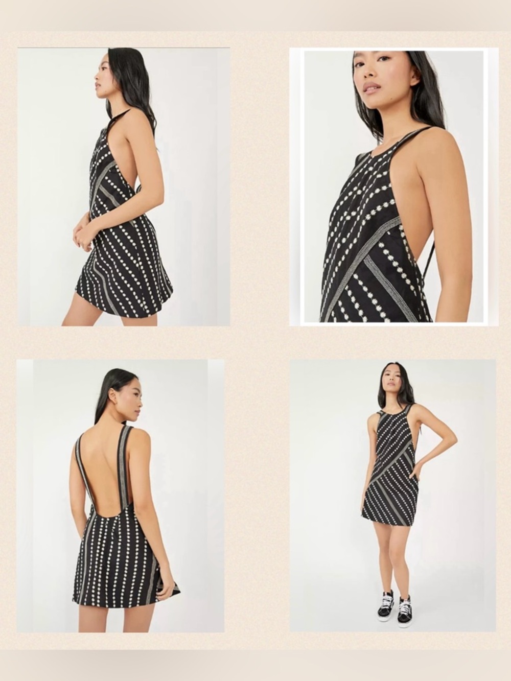Free People Juni Backless Mini Dress Black White Embroidered L NWT